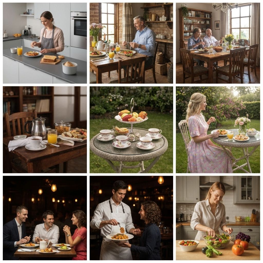 Diferentes momentos del día con comidas en diversos contextos